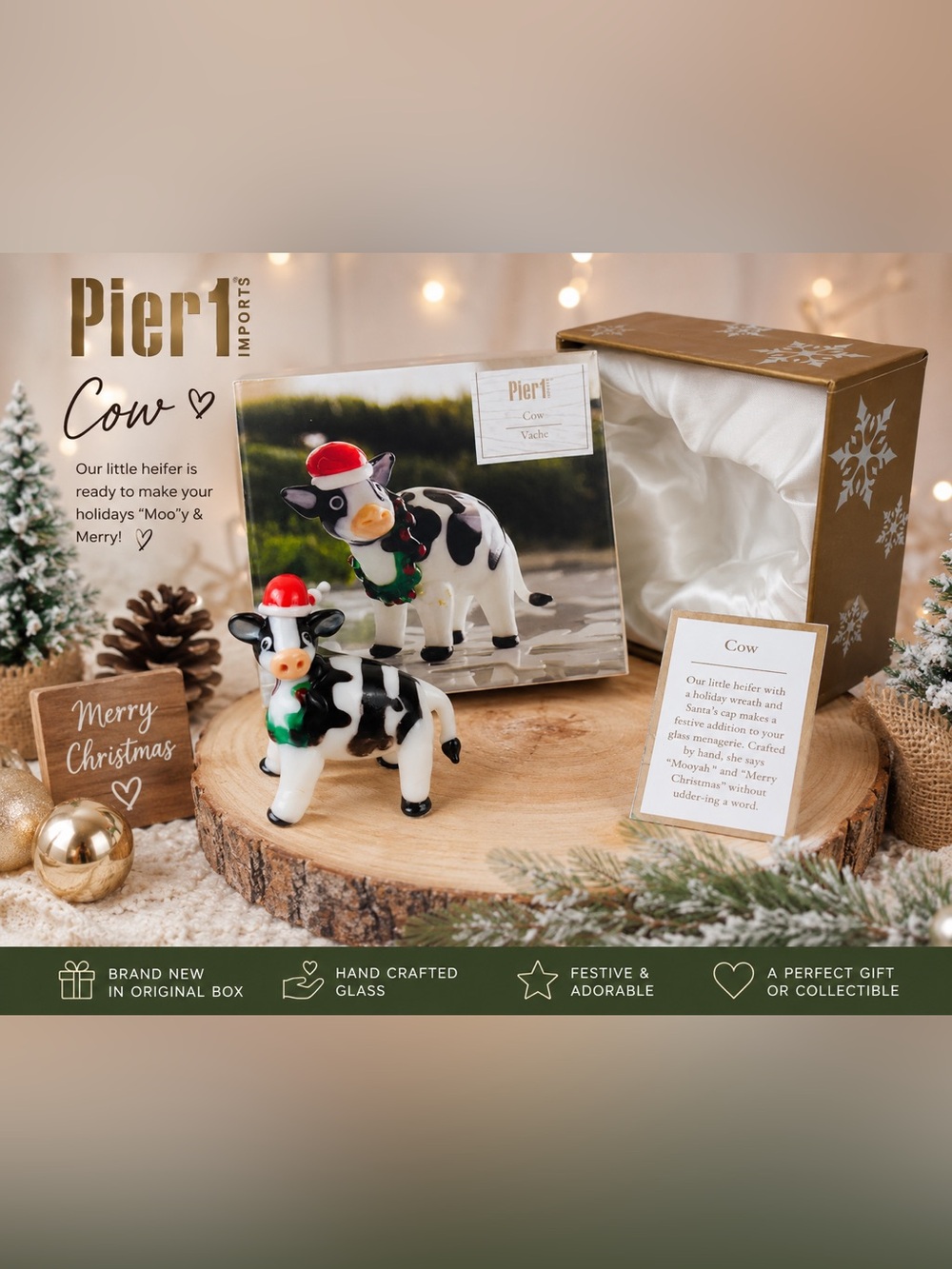 Pier 1 Black & White Festive Cow Figurine with Red Hat